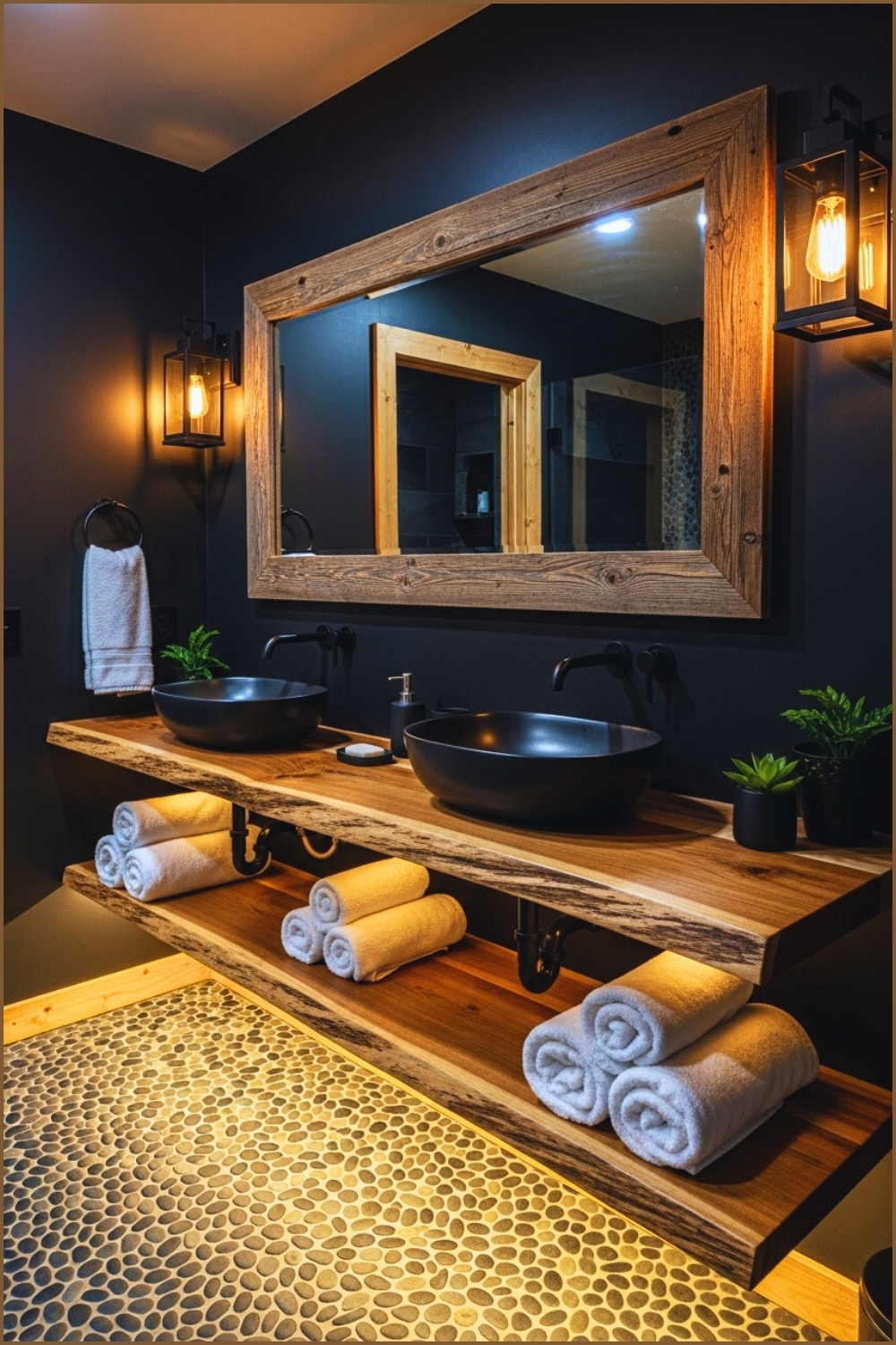 Rustic Modern Black Bathroom, Thick Natural Wood Floating Vanity