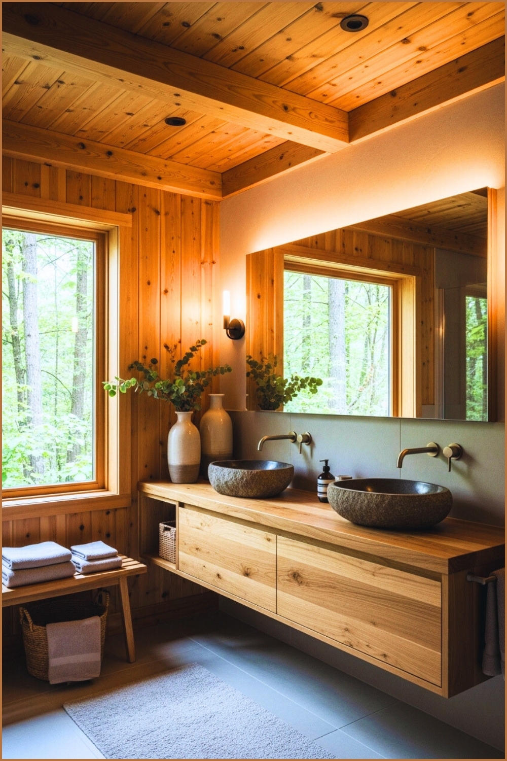 Rustic Modern Cabin Bathroom With Natural Wood Walls