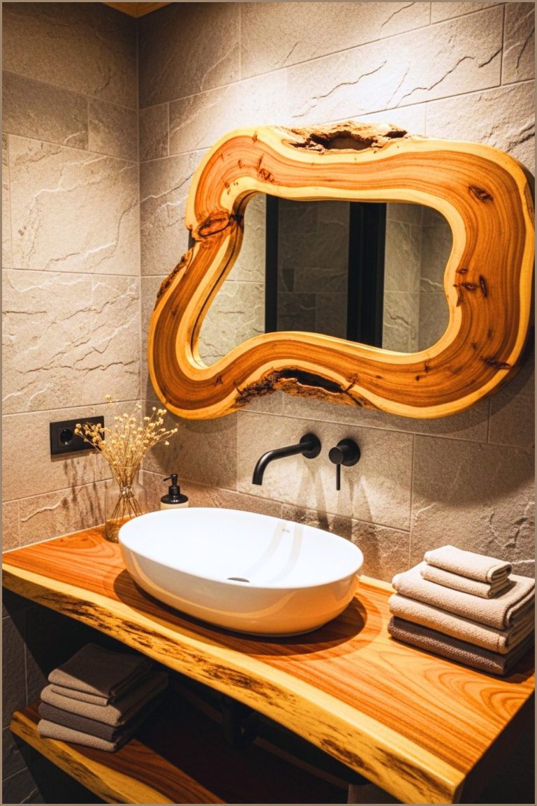 Rustic Natural Bathroom With A Live Edge Wood Countertop