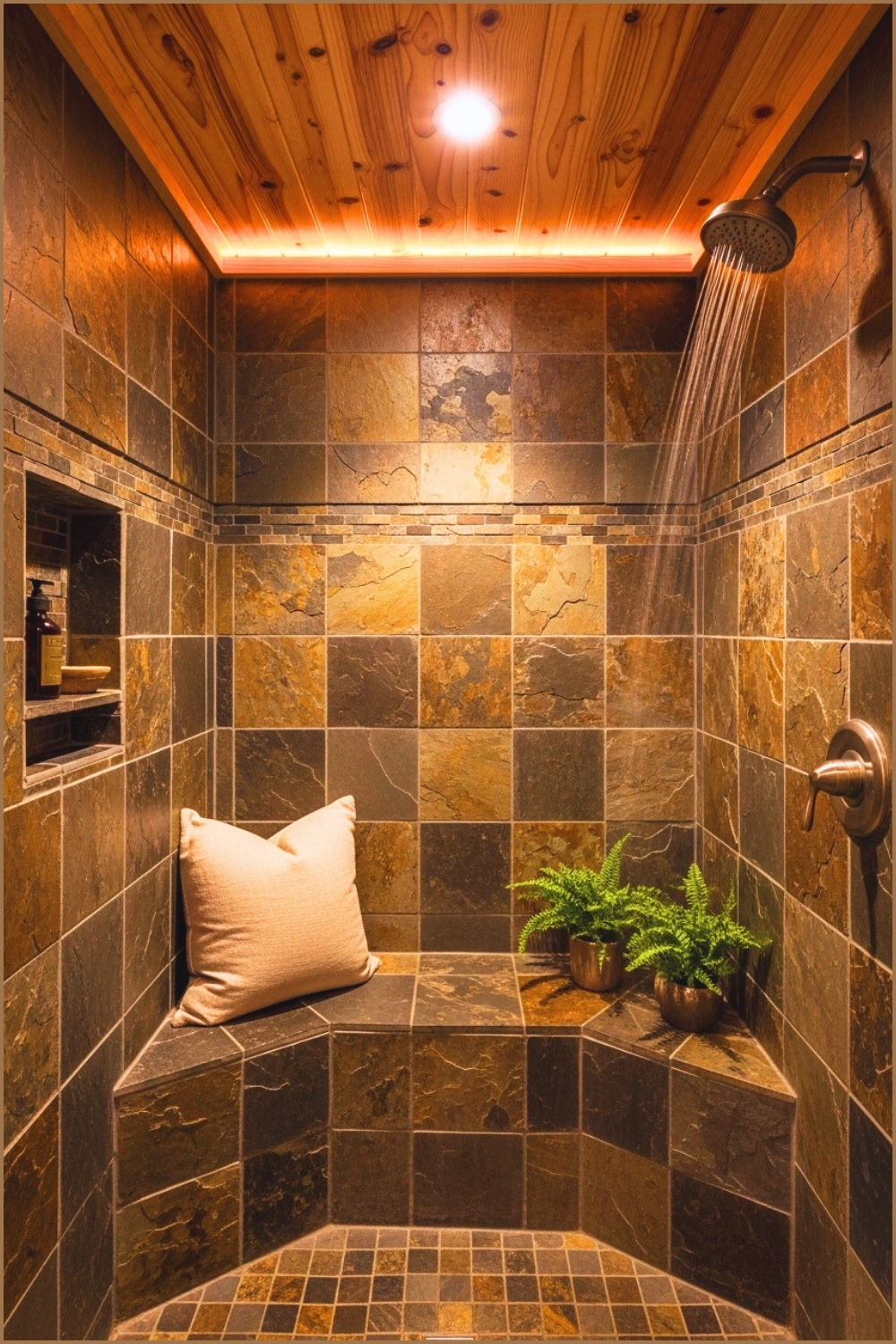 Rustic Natural-stone Shower, Mix Of Multicolor Slate Tiles