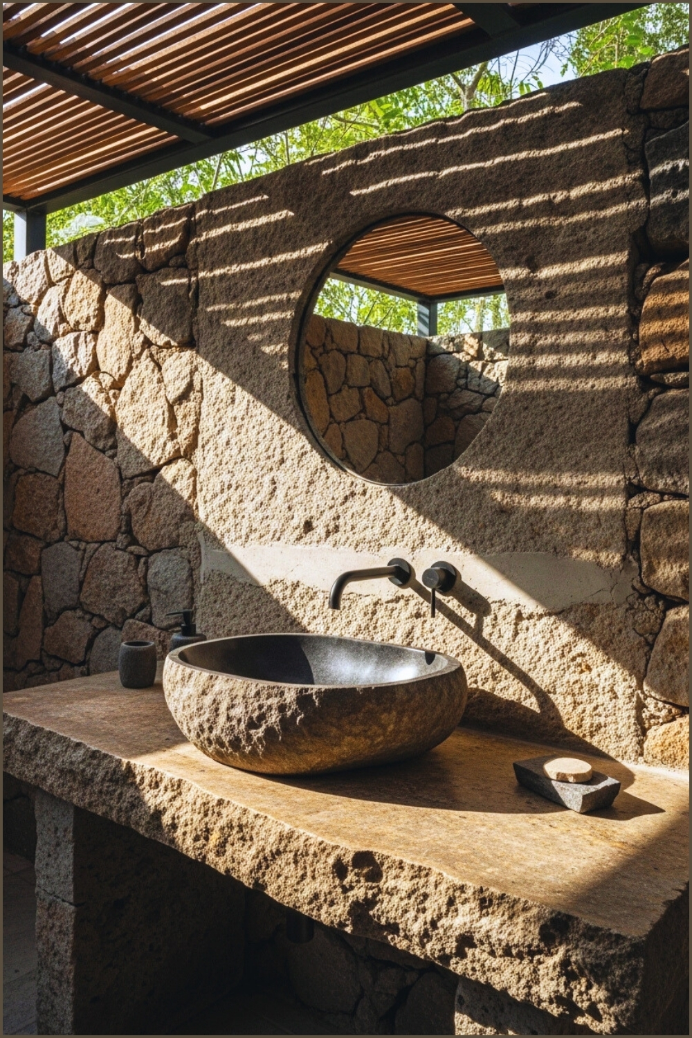Rustic Outdoor Vanity Built From Raw Stone Slab