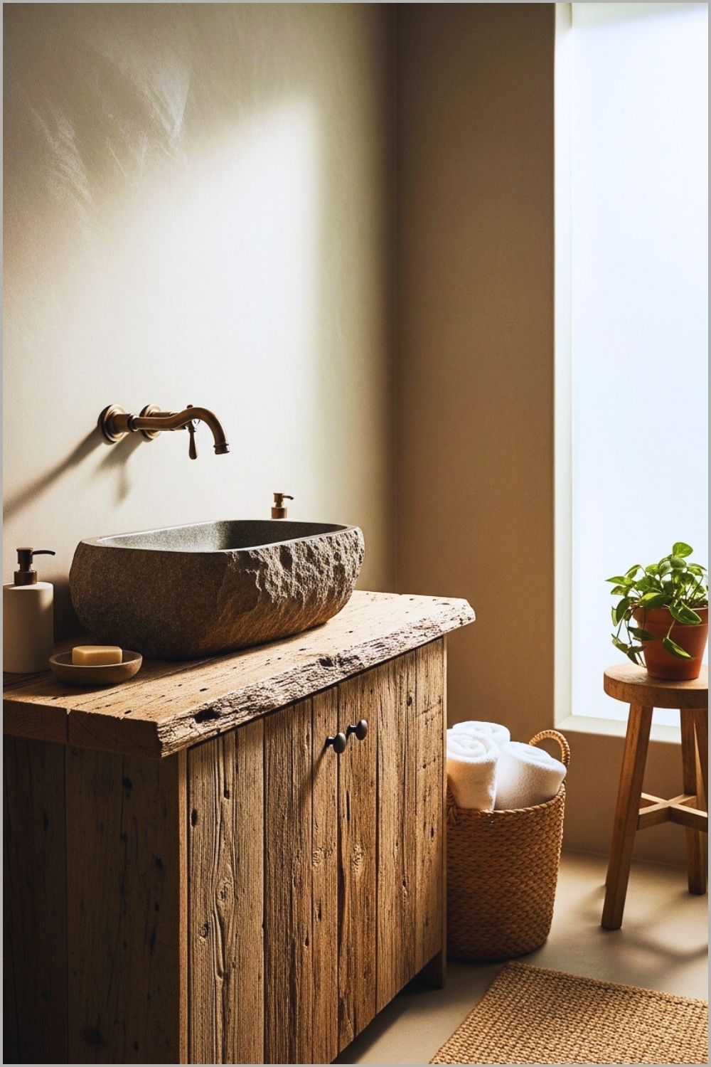 Rustic Spa-inspired Bathroom With A Rough-hewn Stone Sink