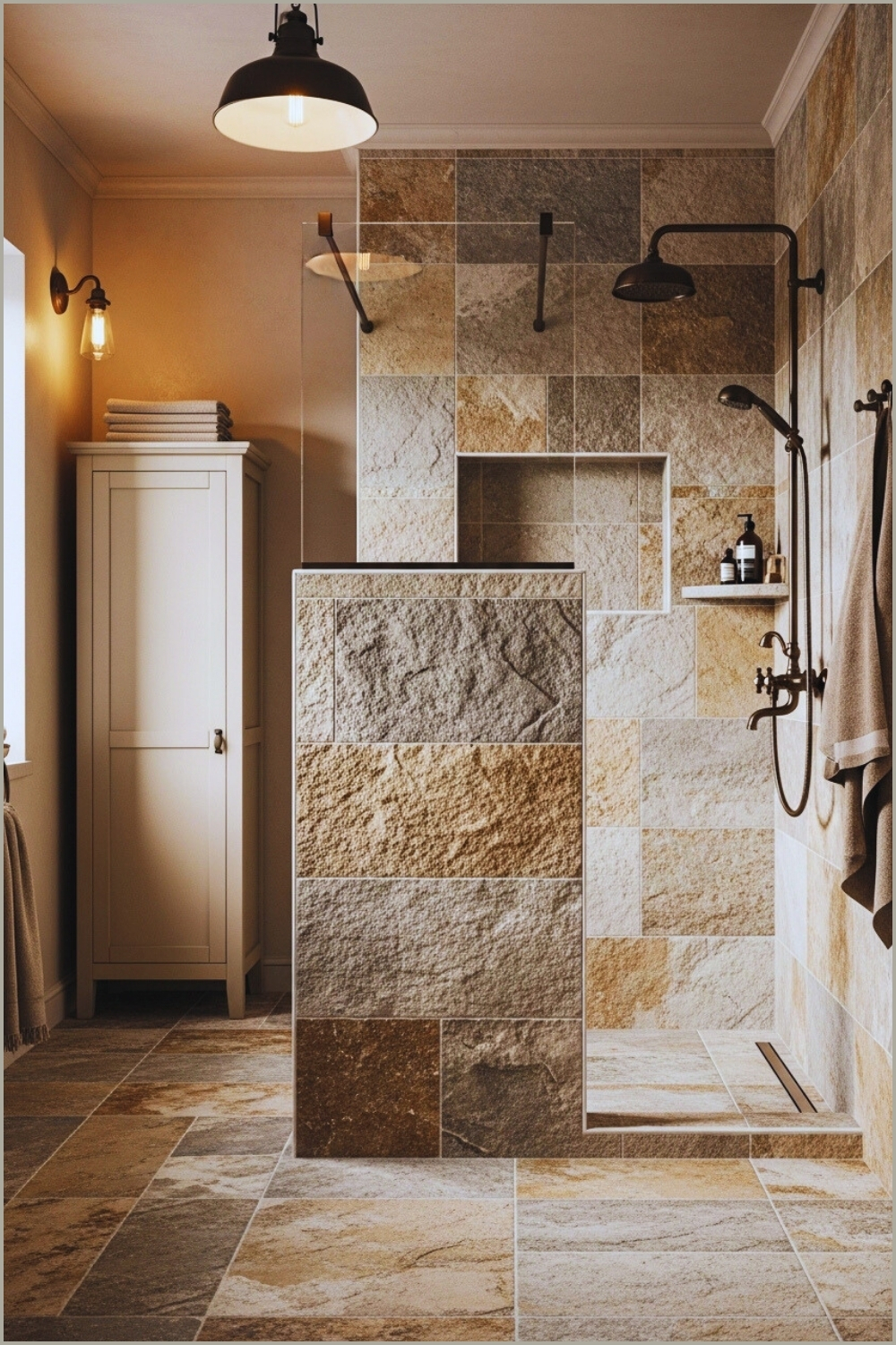 Rustic Stone Tile Bathroom With Textured Tiles, Half Wall Shower