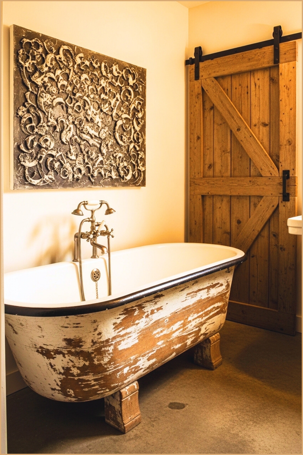 Rustic Vintage Bathroom Featuring A Distressed Clawfoot