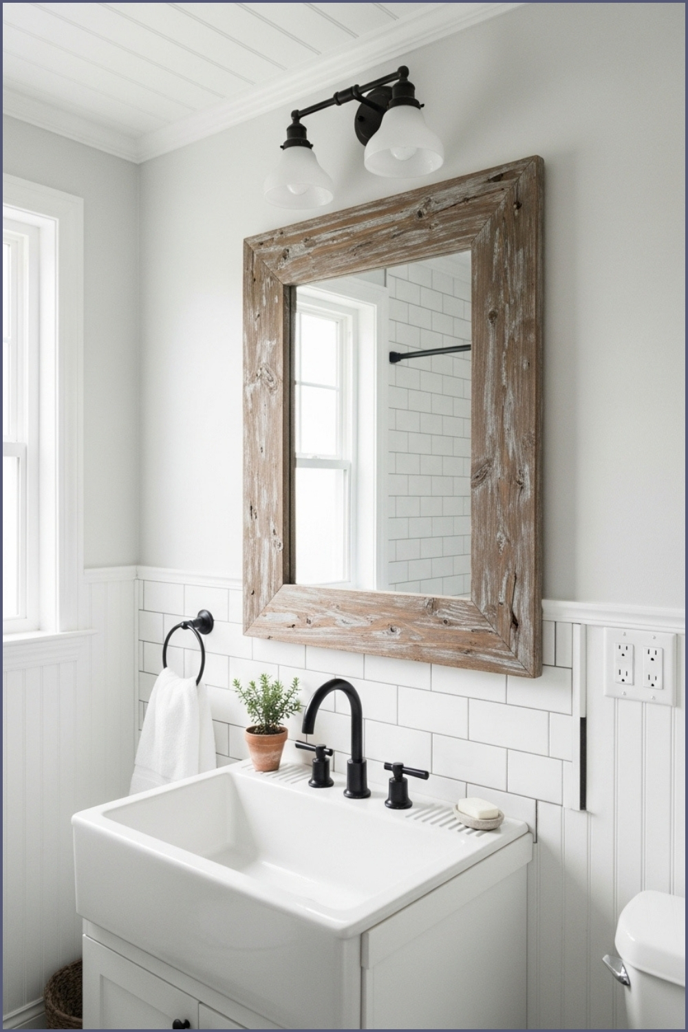 Rustic White Bathroom With Thick Wooden Frame Mirror