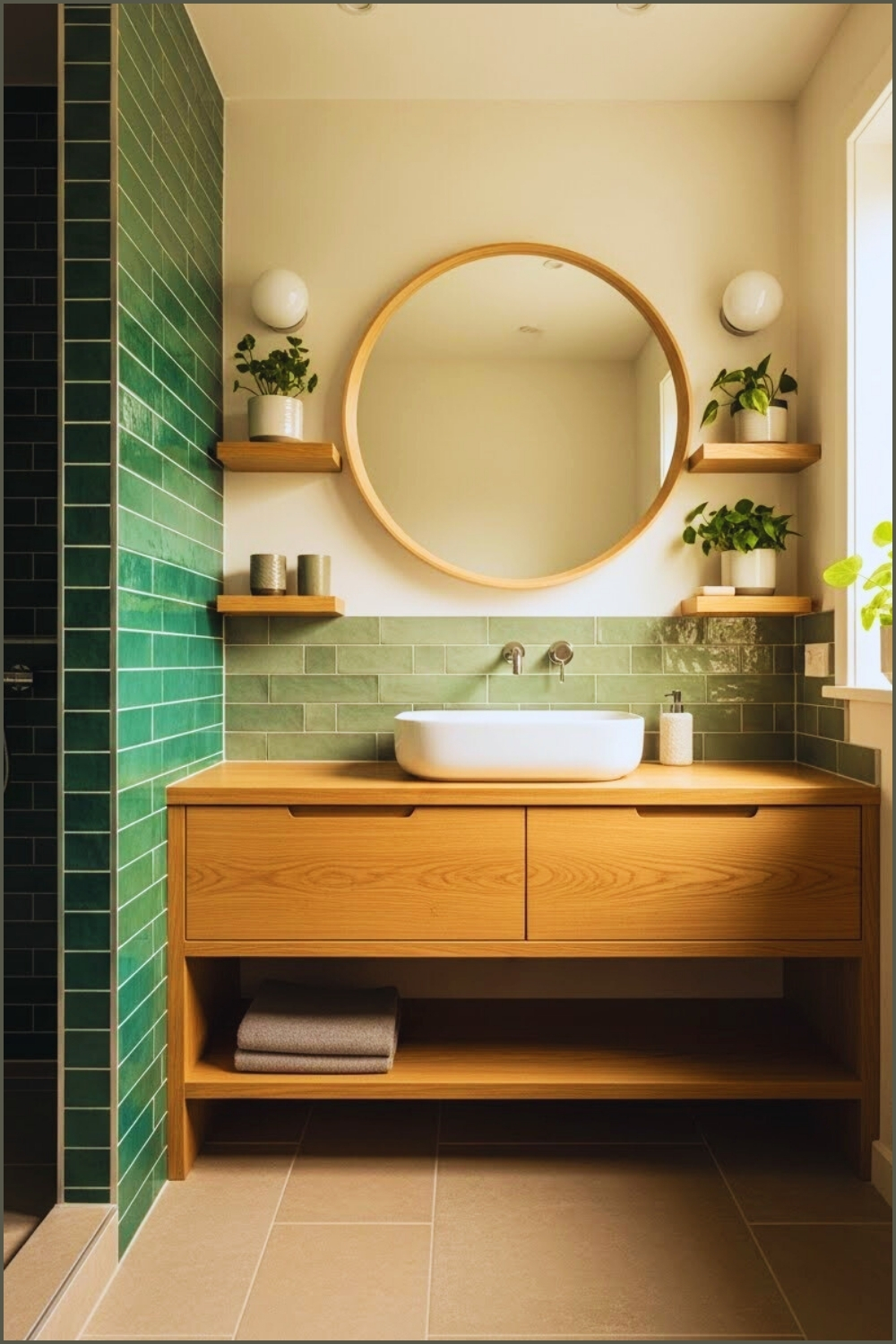 Scandinavian Bathroom With Deep Green Subway Tile