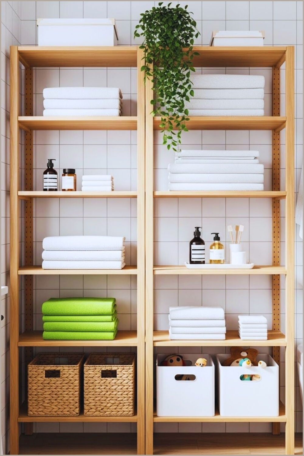 Scandinavian Bathroom With Tall Natural Wood Open