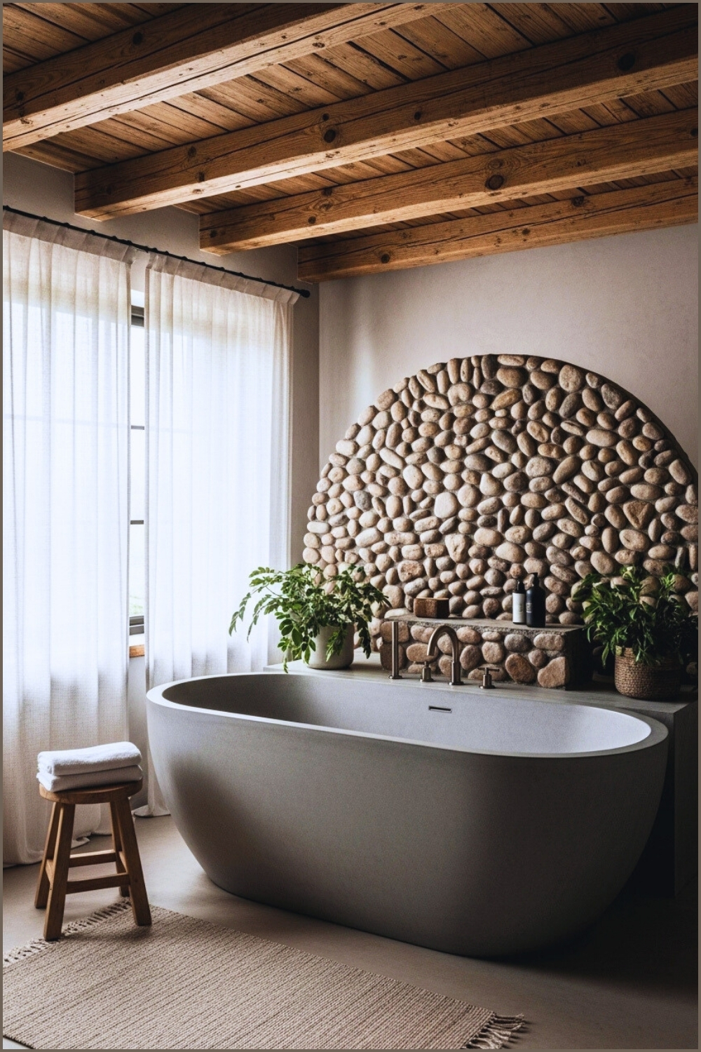 Scandinavian Rustic Spa Bathroom, Freestanding Concrete Bathtub