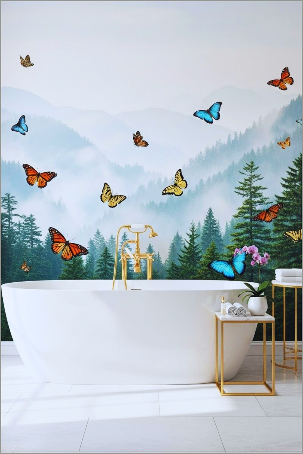 Serene Bathroom With Nature Mural Featuring Mountains