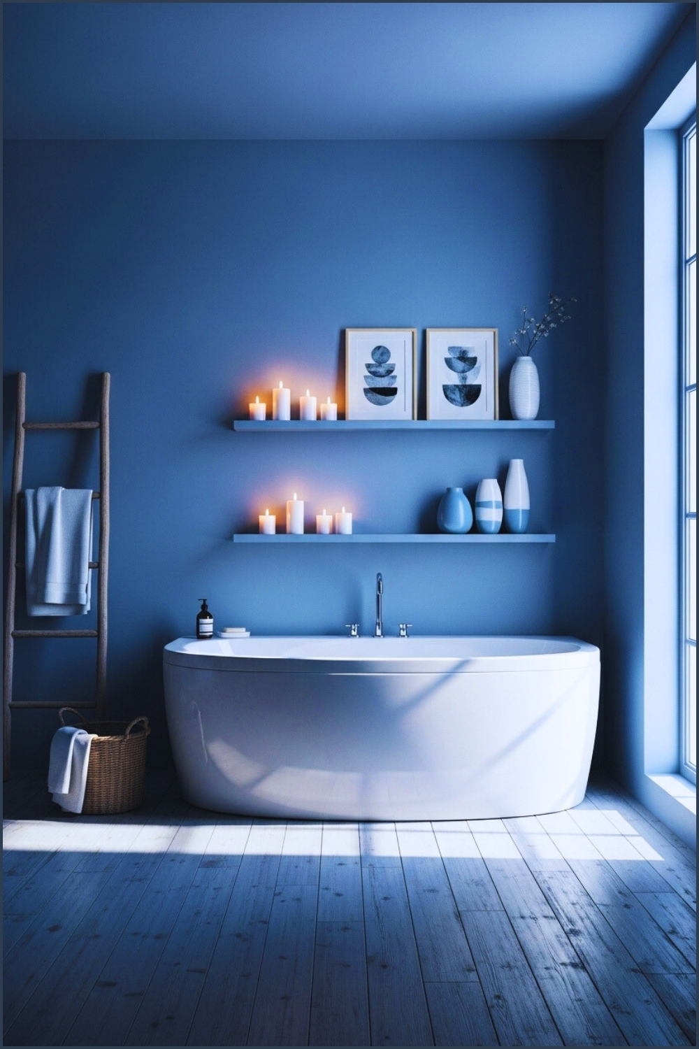 Serene Blue Bathroom With A Sculptural Curved Freestanding