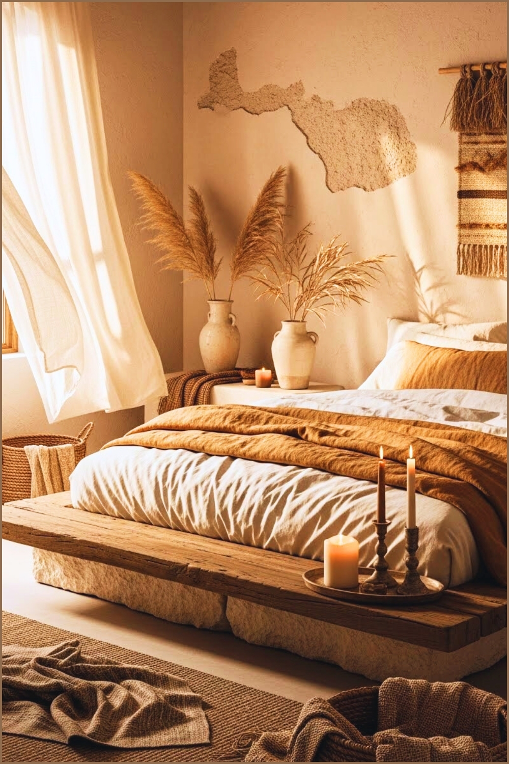 Serene Bohemian Bedroom Interior Low Rustic Wooden