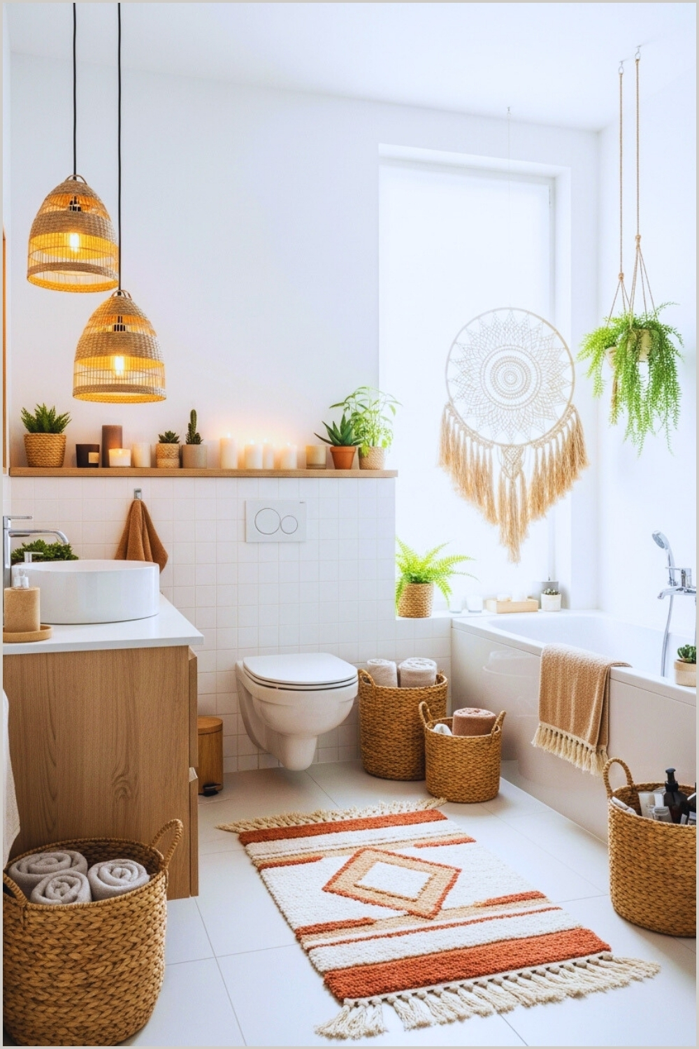 Serene Boho Bathroom, Hanging Woven Lights, Wall-shelf Filled
