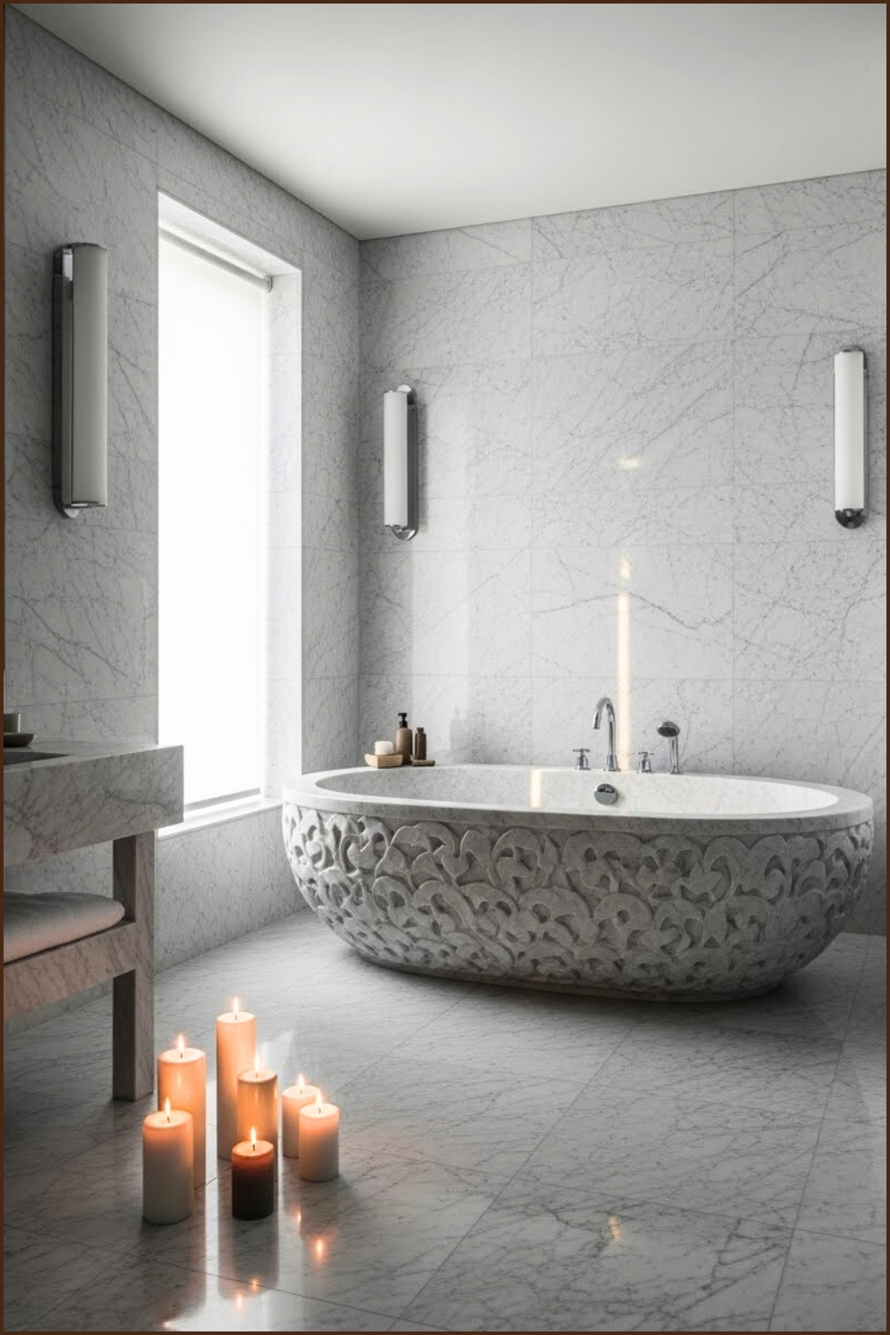 Serene Luxury Bathroom In Light Grey Marble, Large Oval Carved