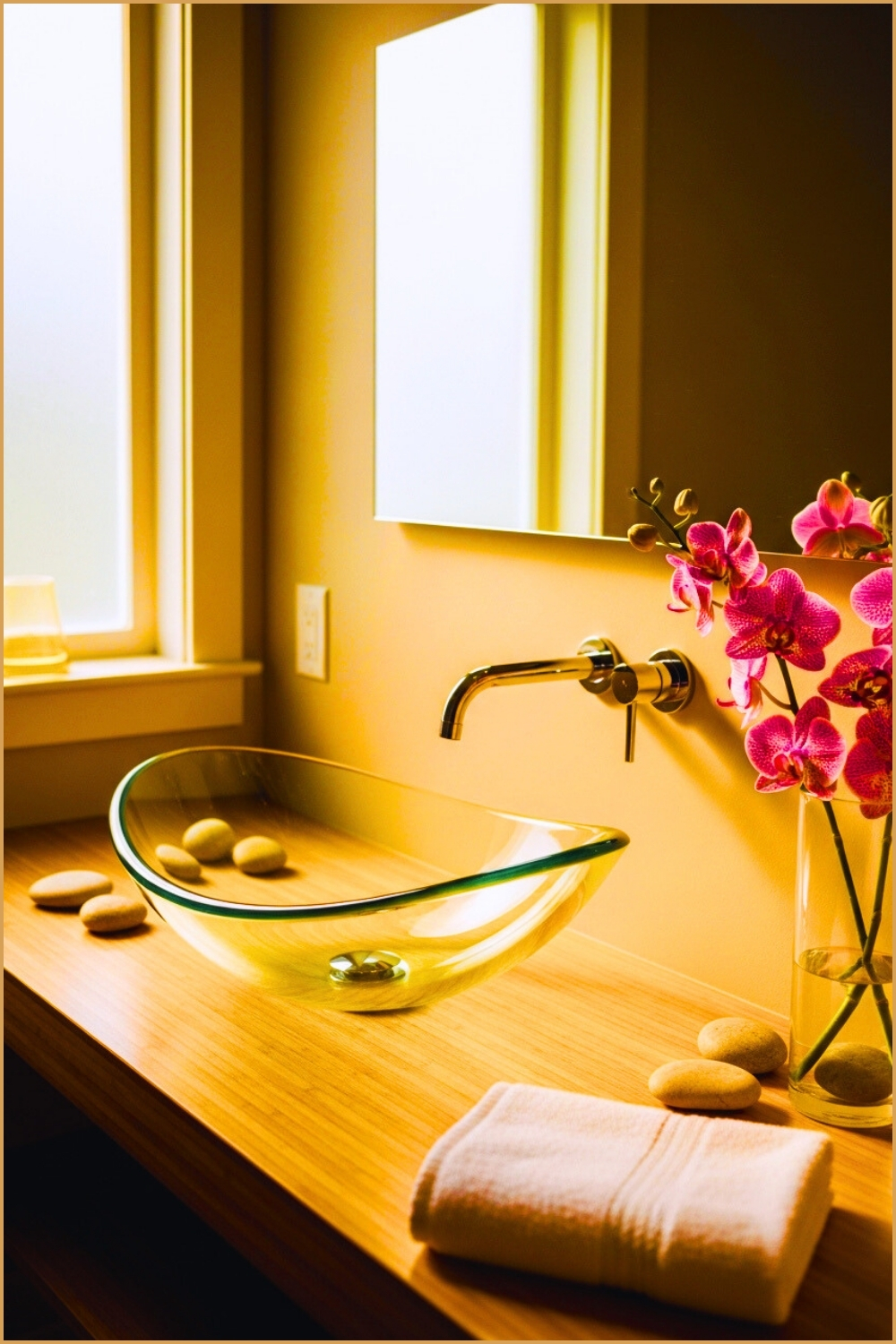 Serene Spa Inspired Bathroom Vanity With A Sculpted Glass Vessel Sink