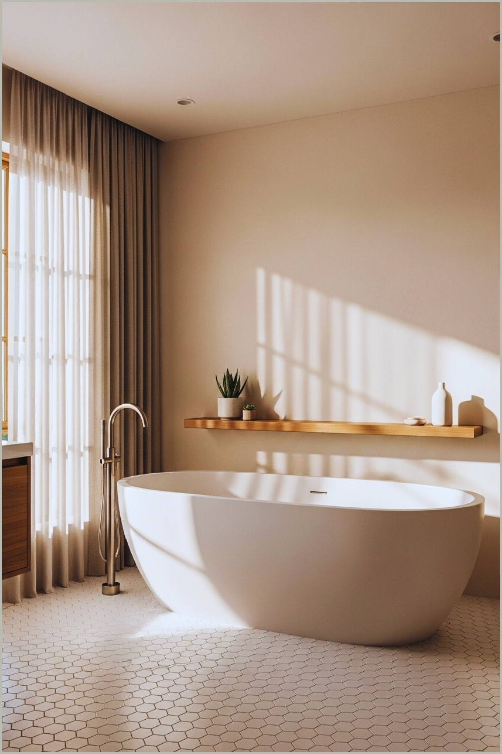 Serene Warm Minimalist Bathroom, Freestanding Oval Tub