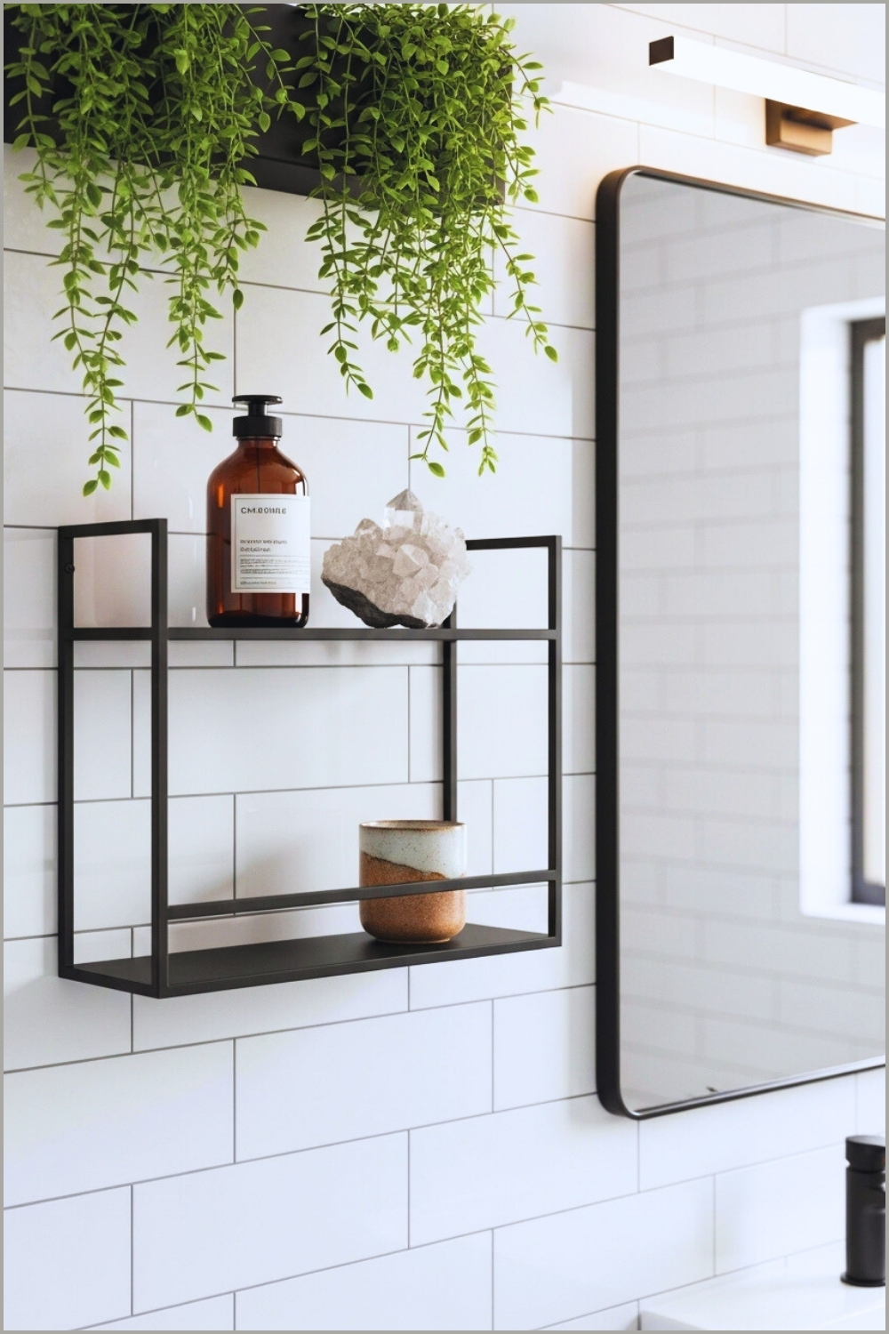 Sleek Black Metal Floating Shelves Beside A Bathroom Mirror,