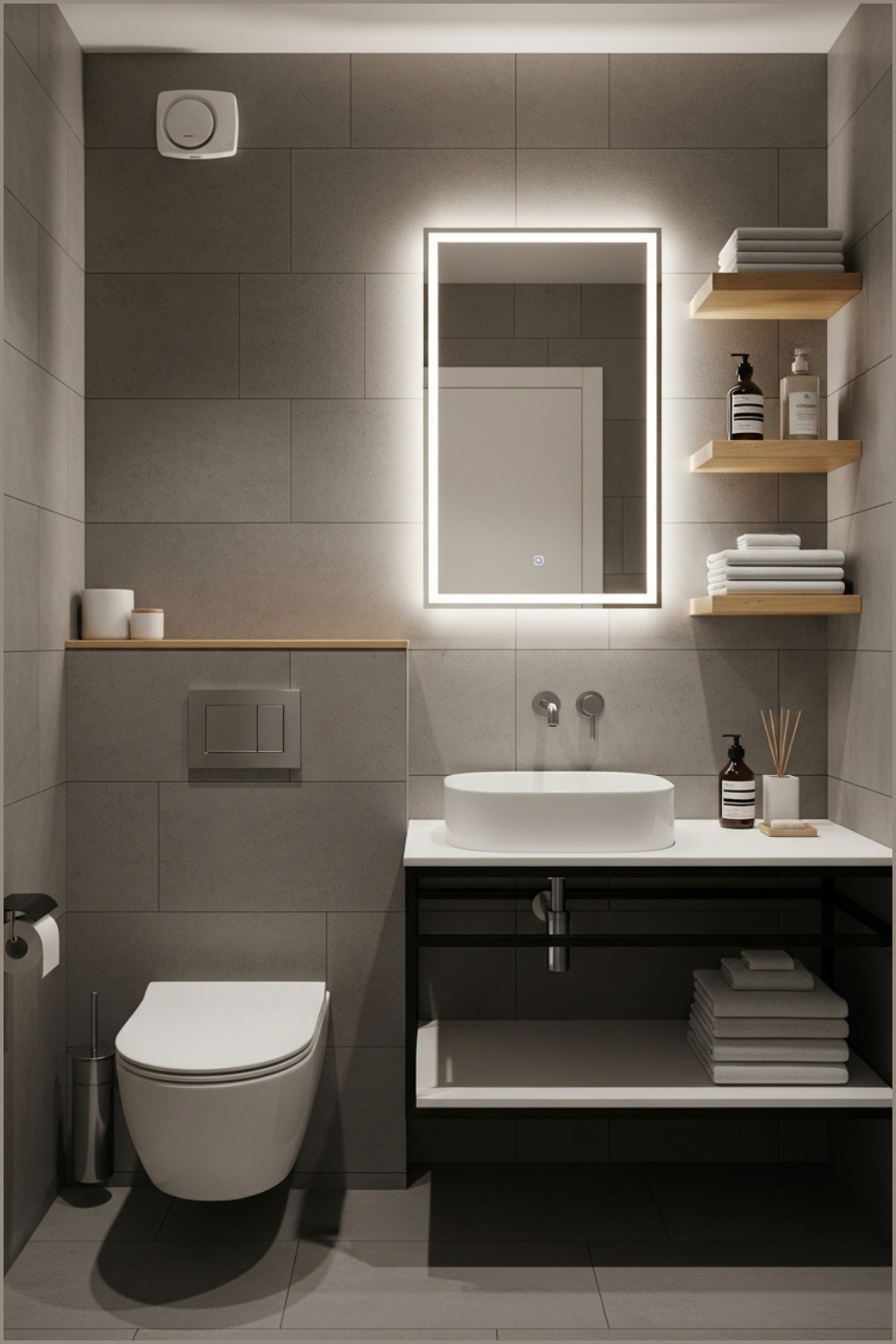Sleek Compact Modern Bathroom With Gray Tiled Walls