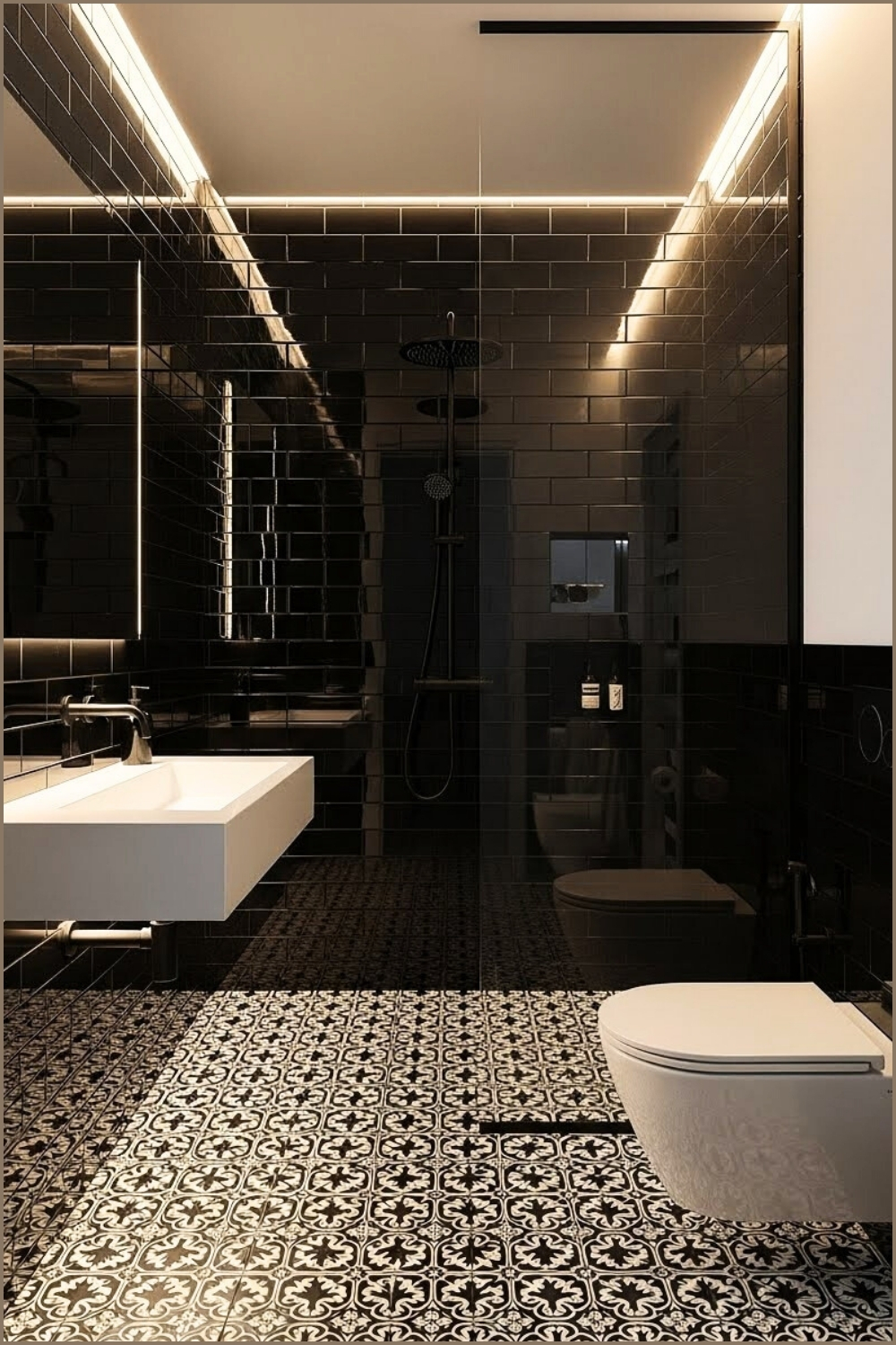 Sleek Contemporary Black Bathroom, Glossy Black Subway Wall Tiles