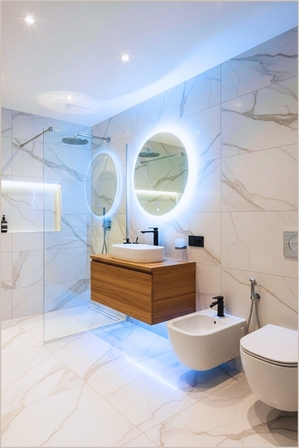 Sleek Luxury Bathroom With Floor To Ceiling White Marble Tiles
