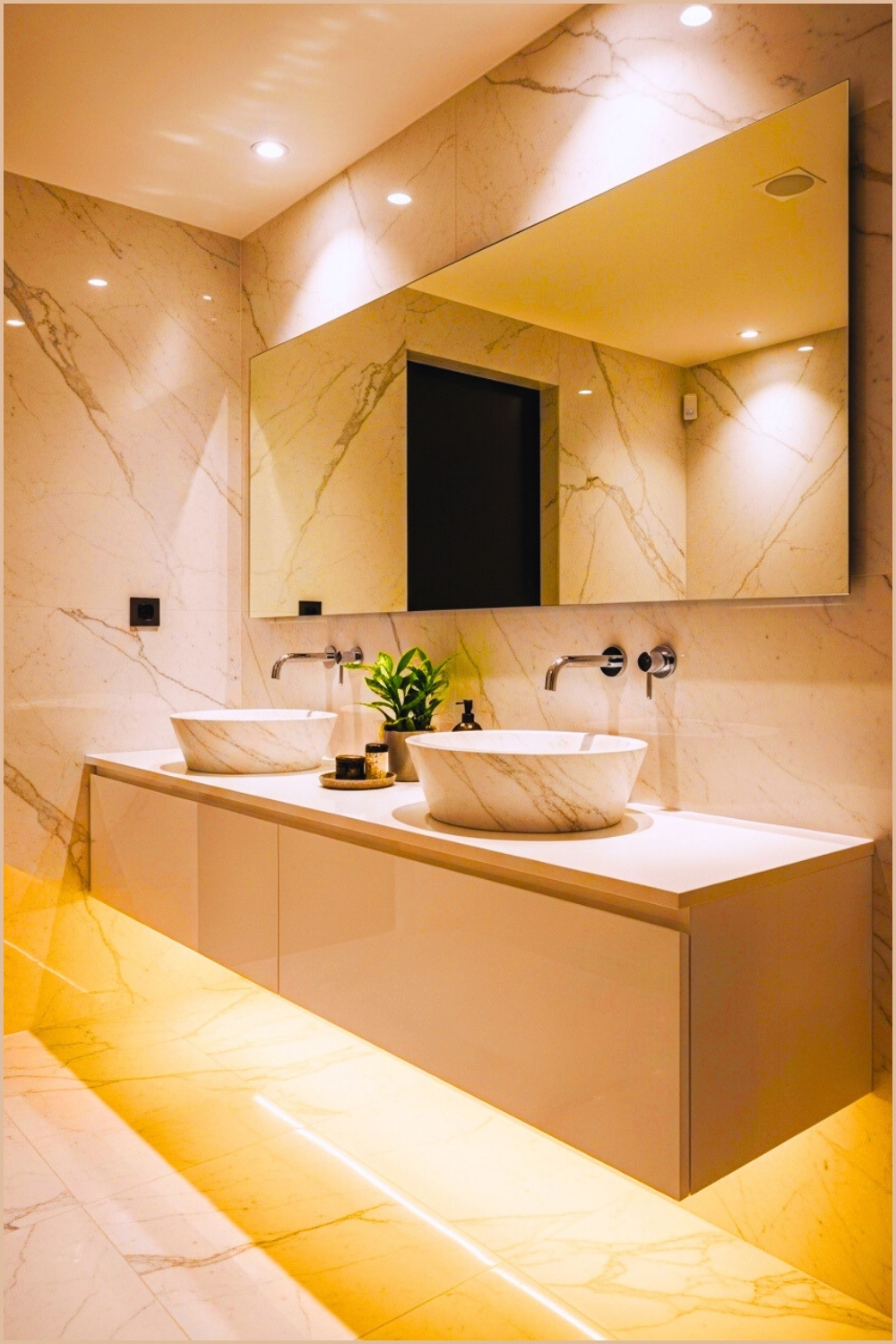 Sleek Modern Luxury Bathroom With Floating Glossy White Vanity