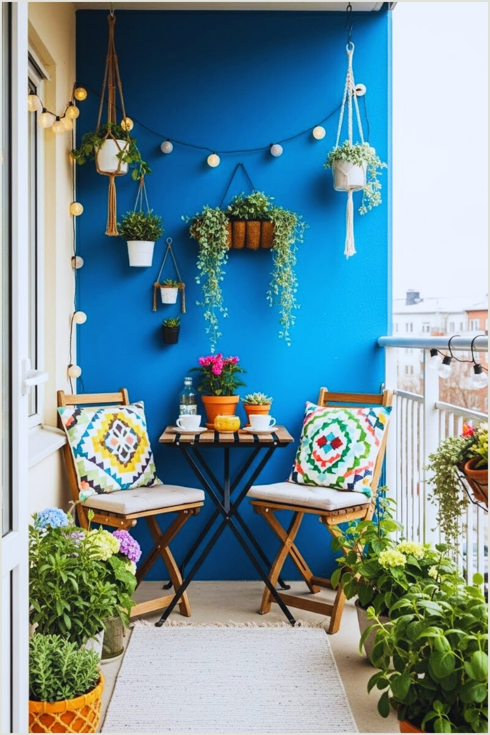 Small Apartment Balcony With Bold Bright Blue Exterior Wall