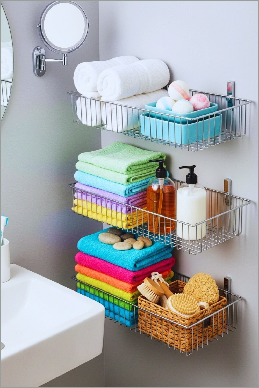 Small Bathroom Storage Shelves With Chrome Wire Baskets
