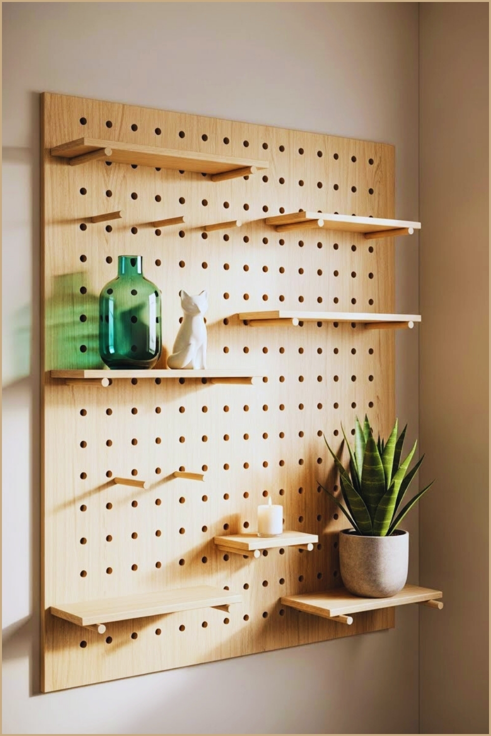 Small Bathroom With A Natural Wooden Pegboard Wall Organizer