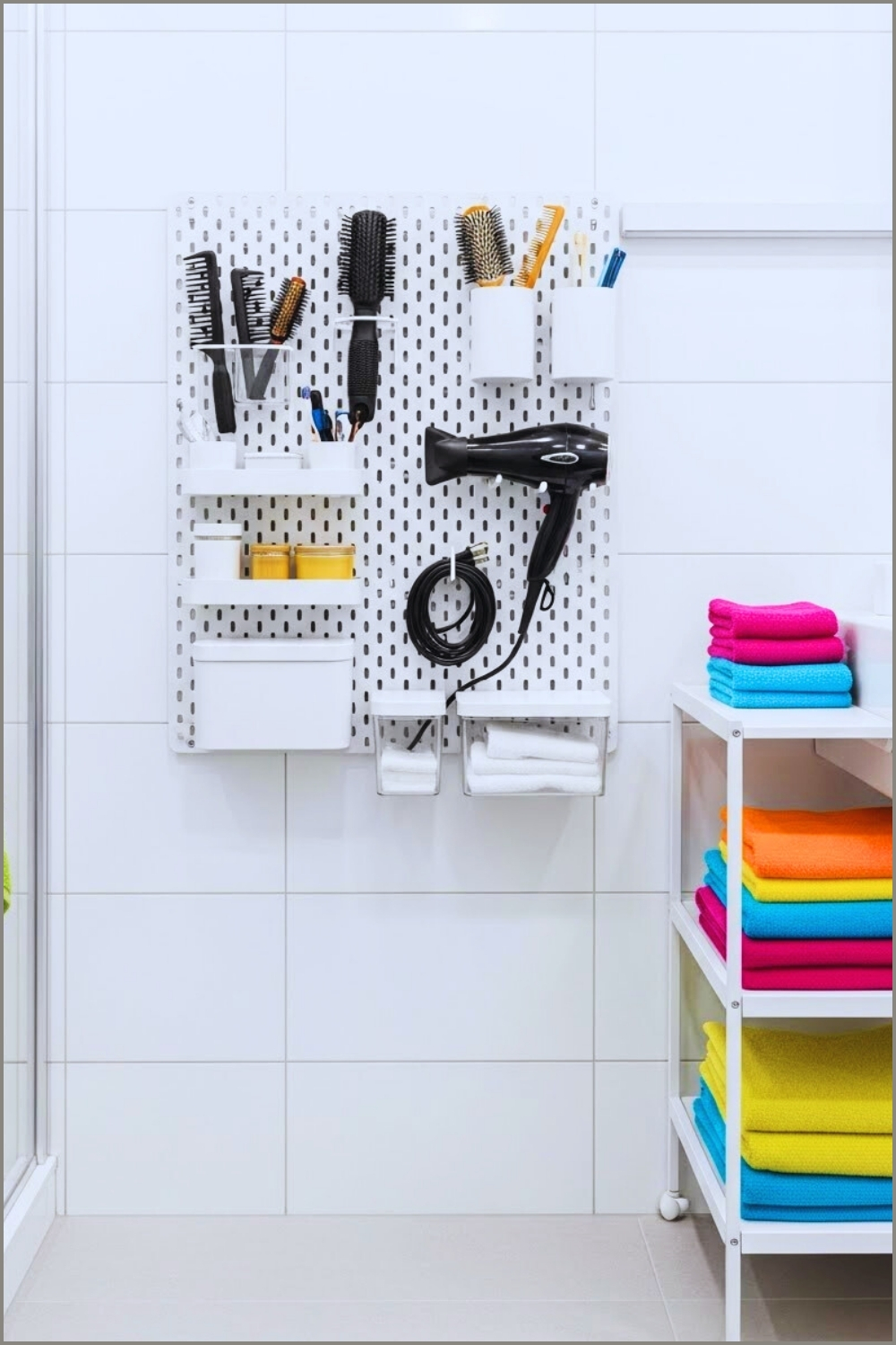 Small Bathroom With White Pegboard Wall Organizer