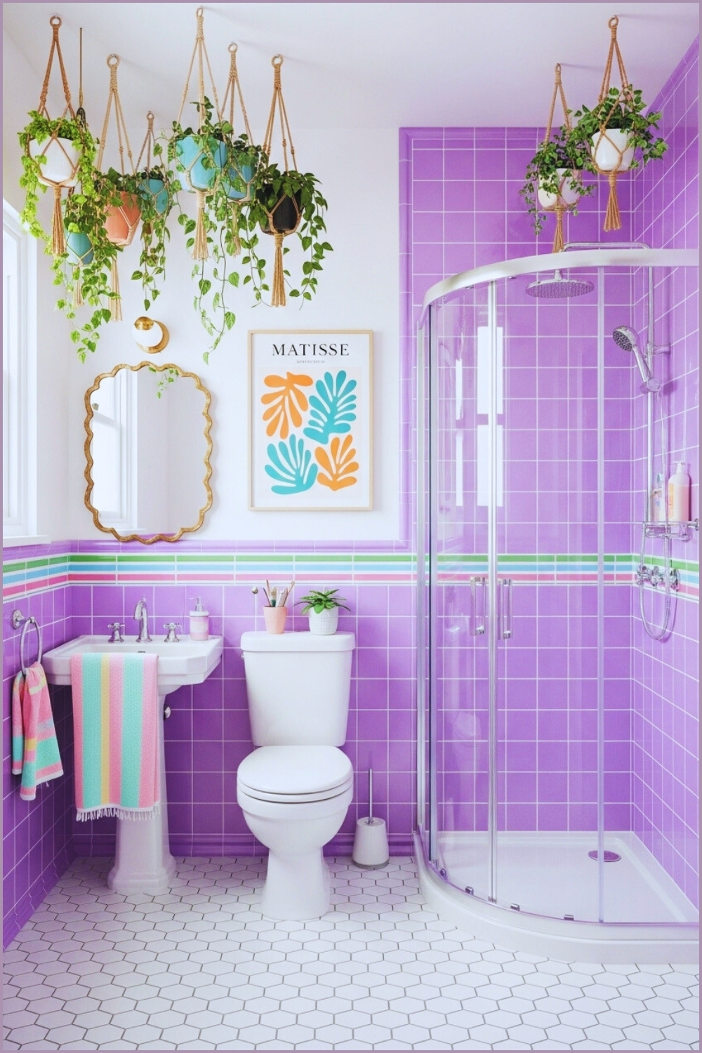 Small Colorful Bathroom, Lavender Tiles, Striped Accent Border