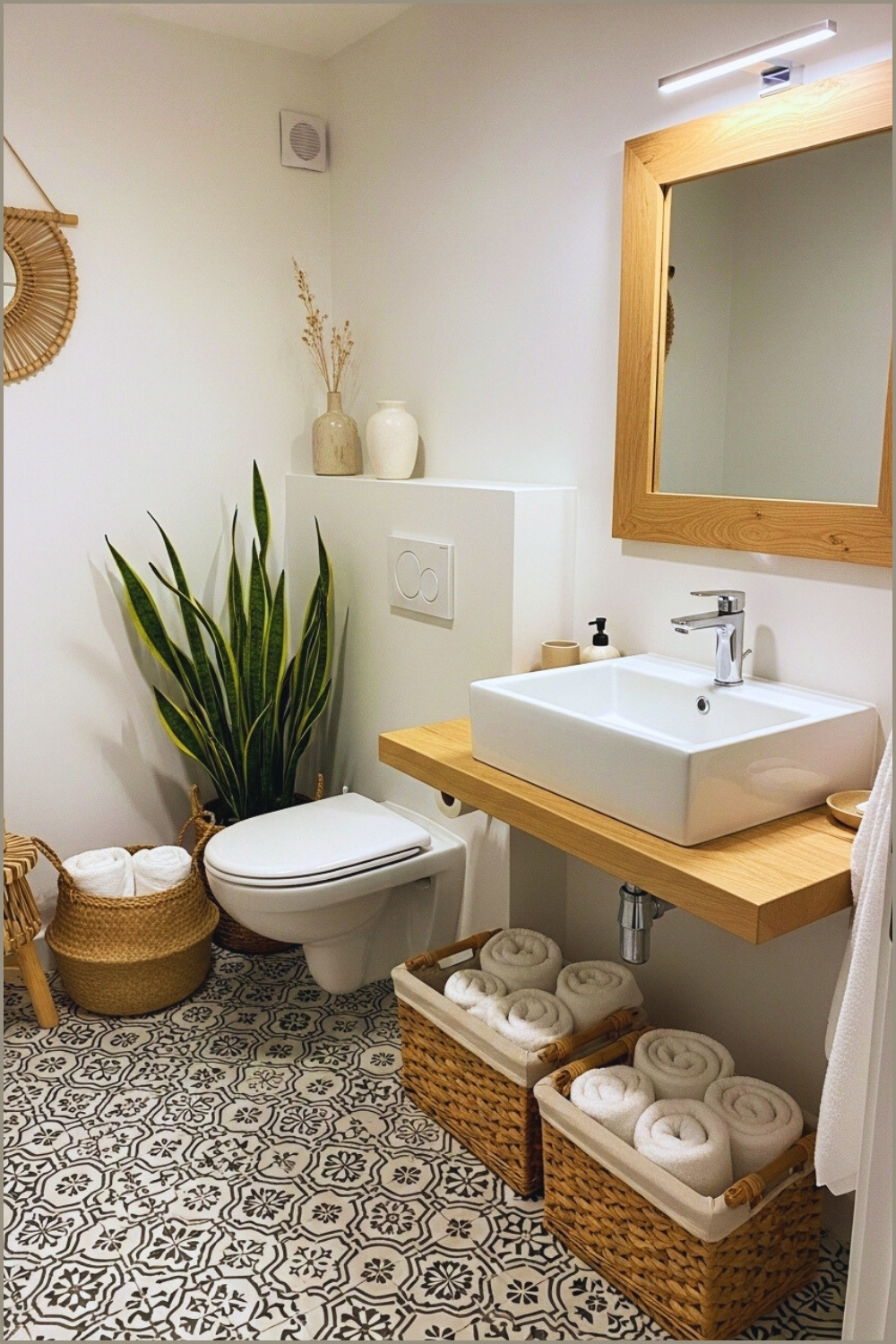 Small Cozy Bathroom With Boho Accents, Patterned Black