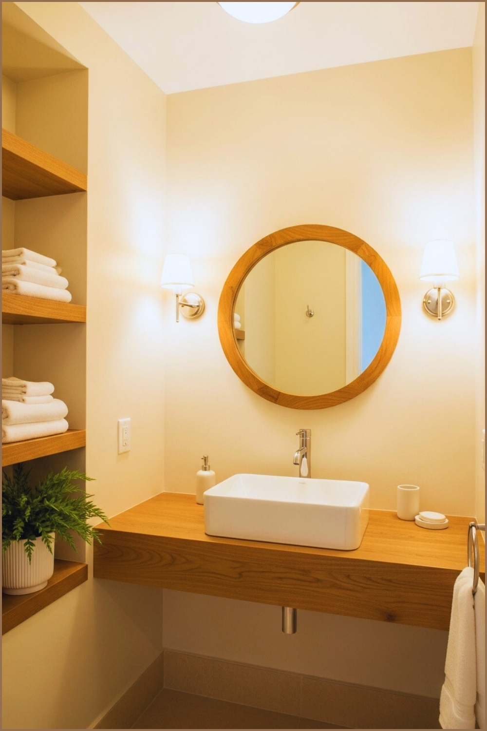 Small Cozy Bathroom With Creamy Beige Walls, Floating Wood Vanity
