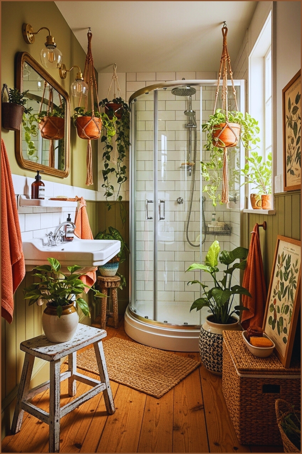 Small Cozy Boho Bathroom, Curved Glass Shower, Rustic White Subway Tiles