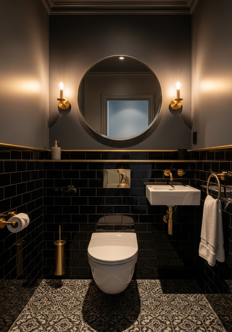 Small Elegant Powder Room With Matte Black Subway Tile Walls