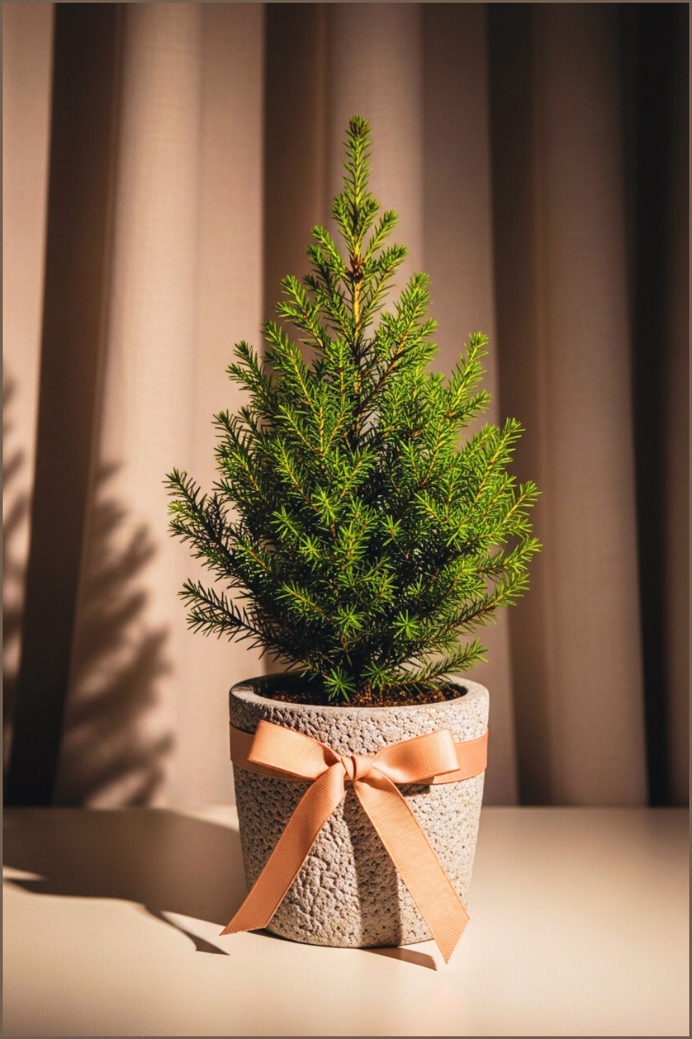 Small Evergreen Plant In A Stone Pot Tied With A Soft Blush Ribbon