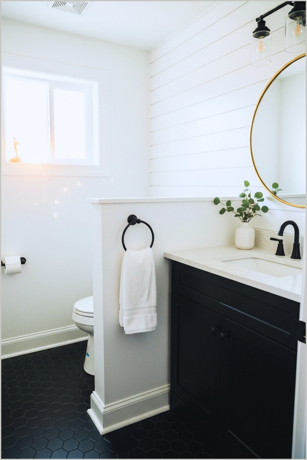 Small Farmhouse Bathroom With Black Hexagon Tile Flooring