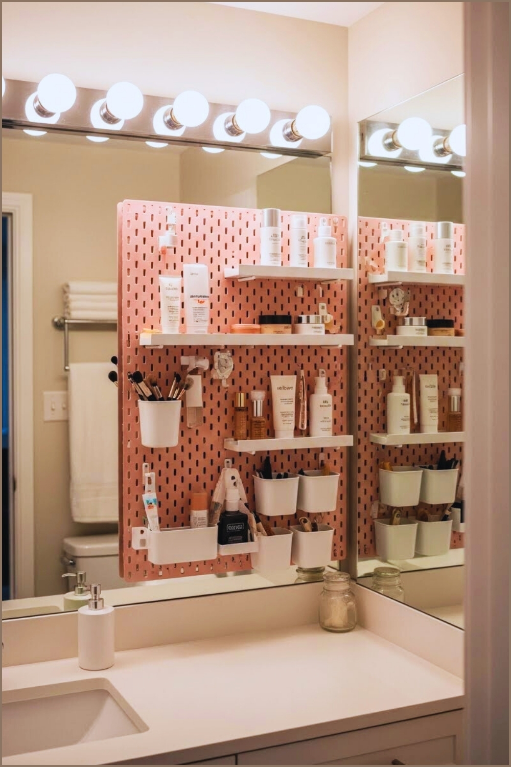 Small Feminine Bathroom With A Pastel Pink Pegboard