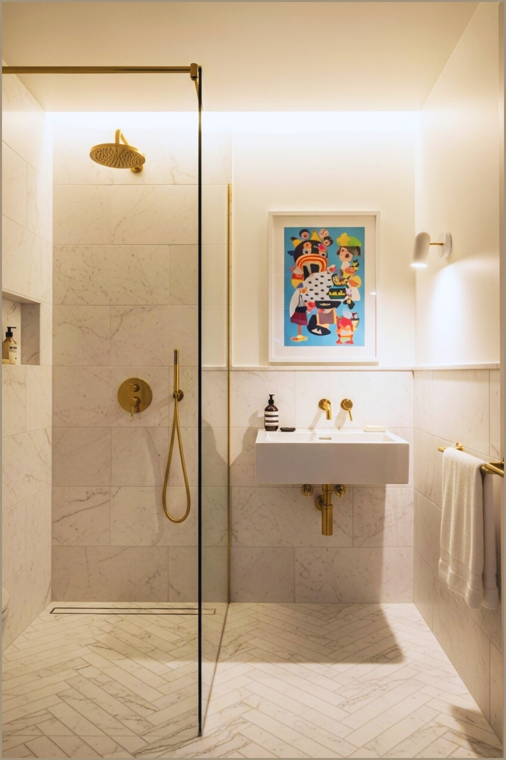 Small Luxury Bathroom With White Marble Tiles, Half Wall Glass
