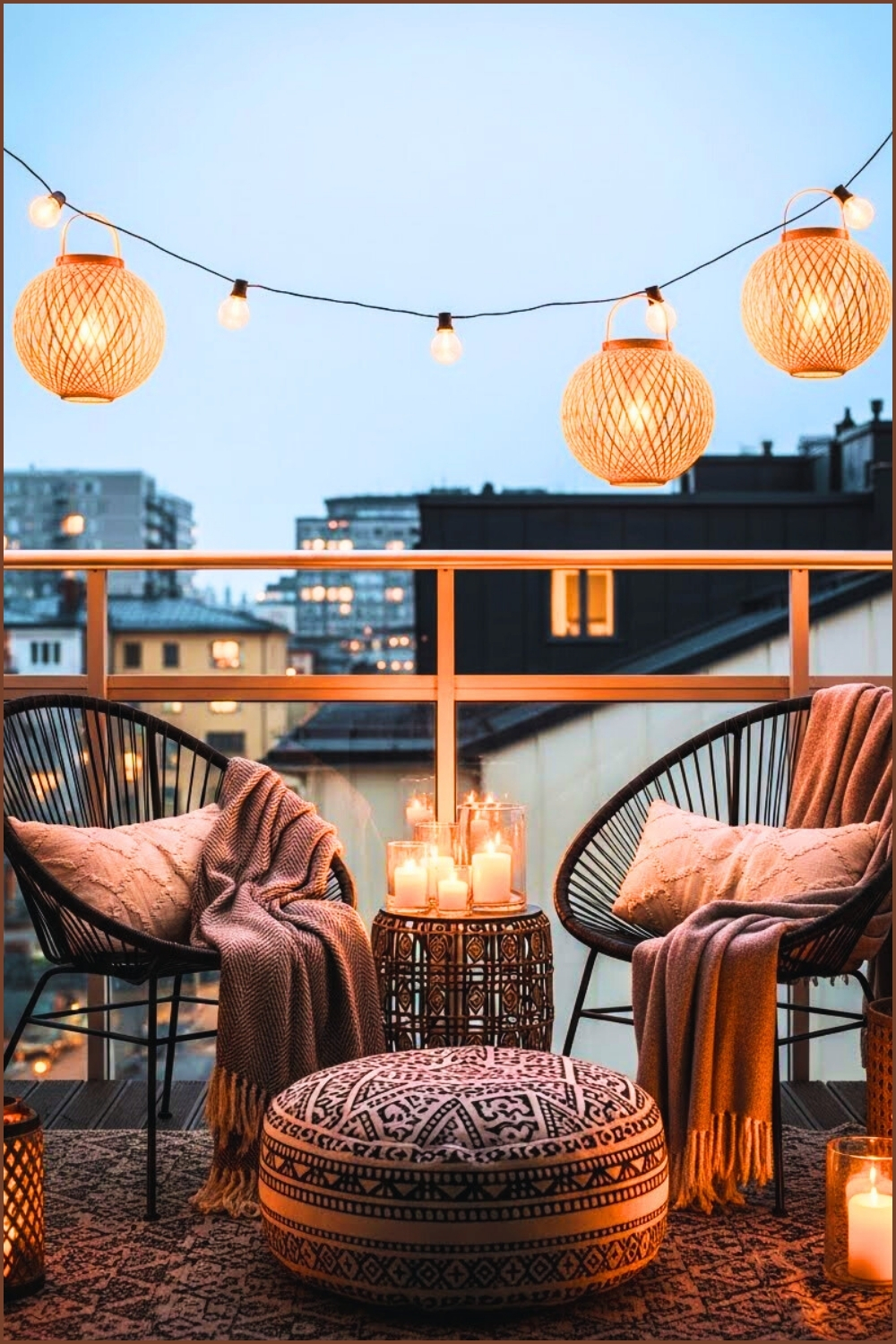 Small Modern Balcony Decorated With String Lights