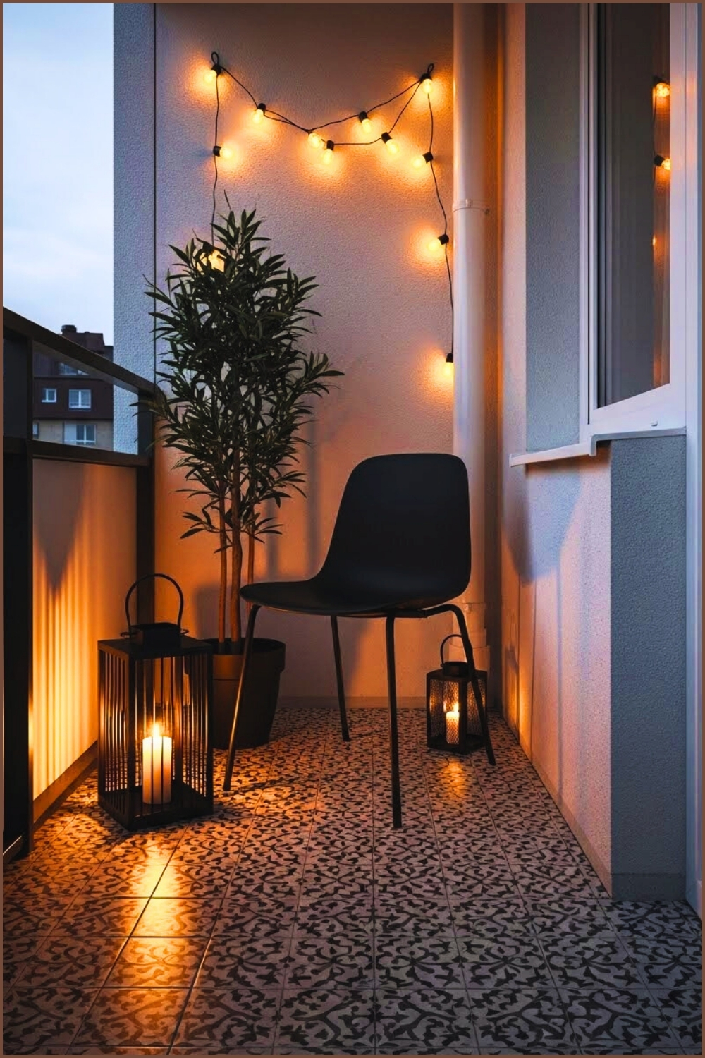 Small Modern Balcony With Patterned Black-and-white Floor Tiles