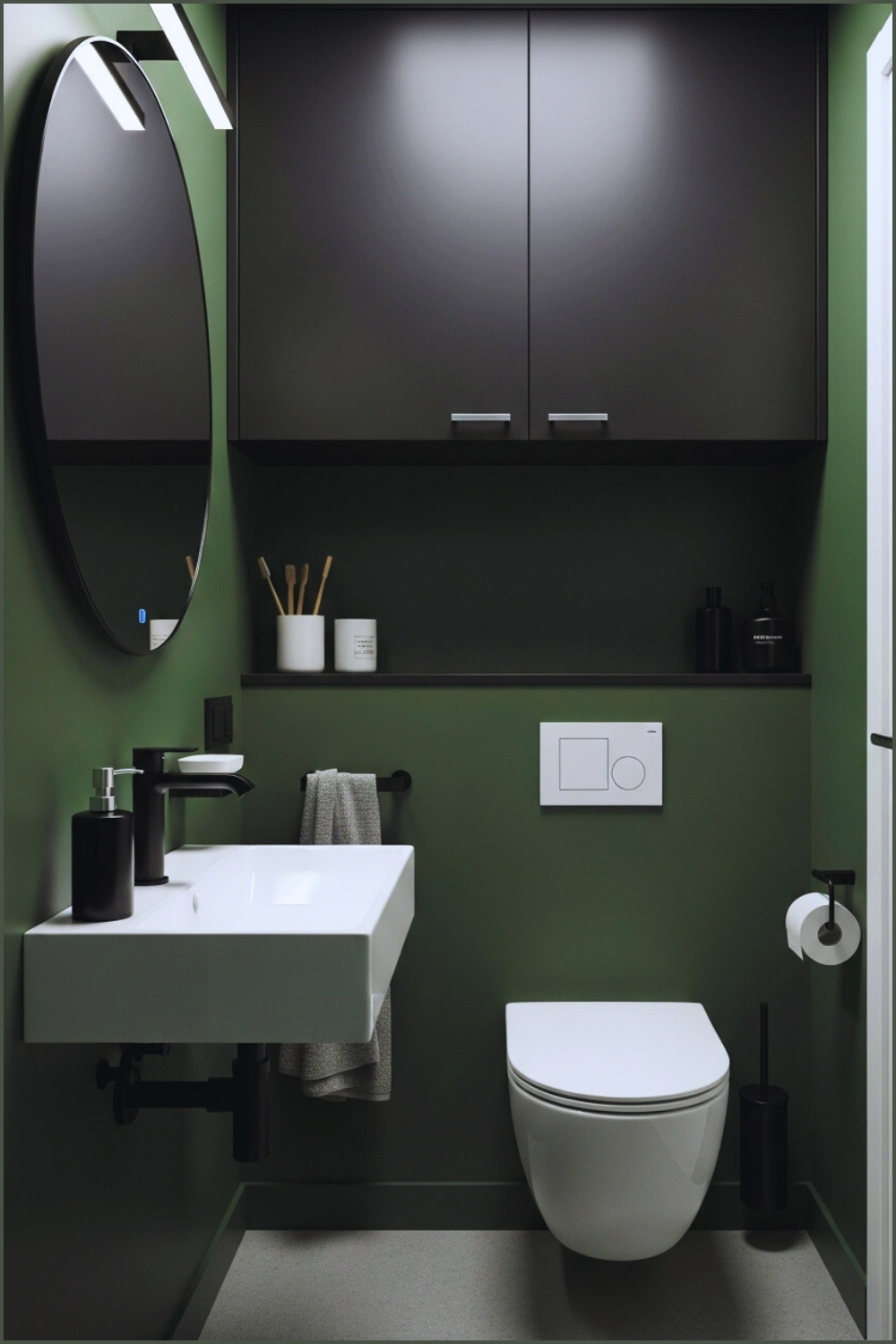 Small Modern Bathroom With Dark Green Walls, Floating White Sink