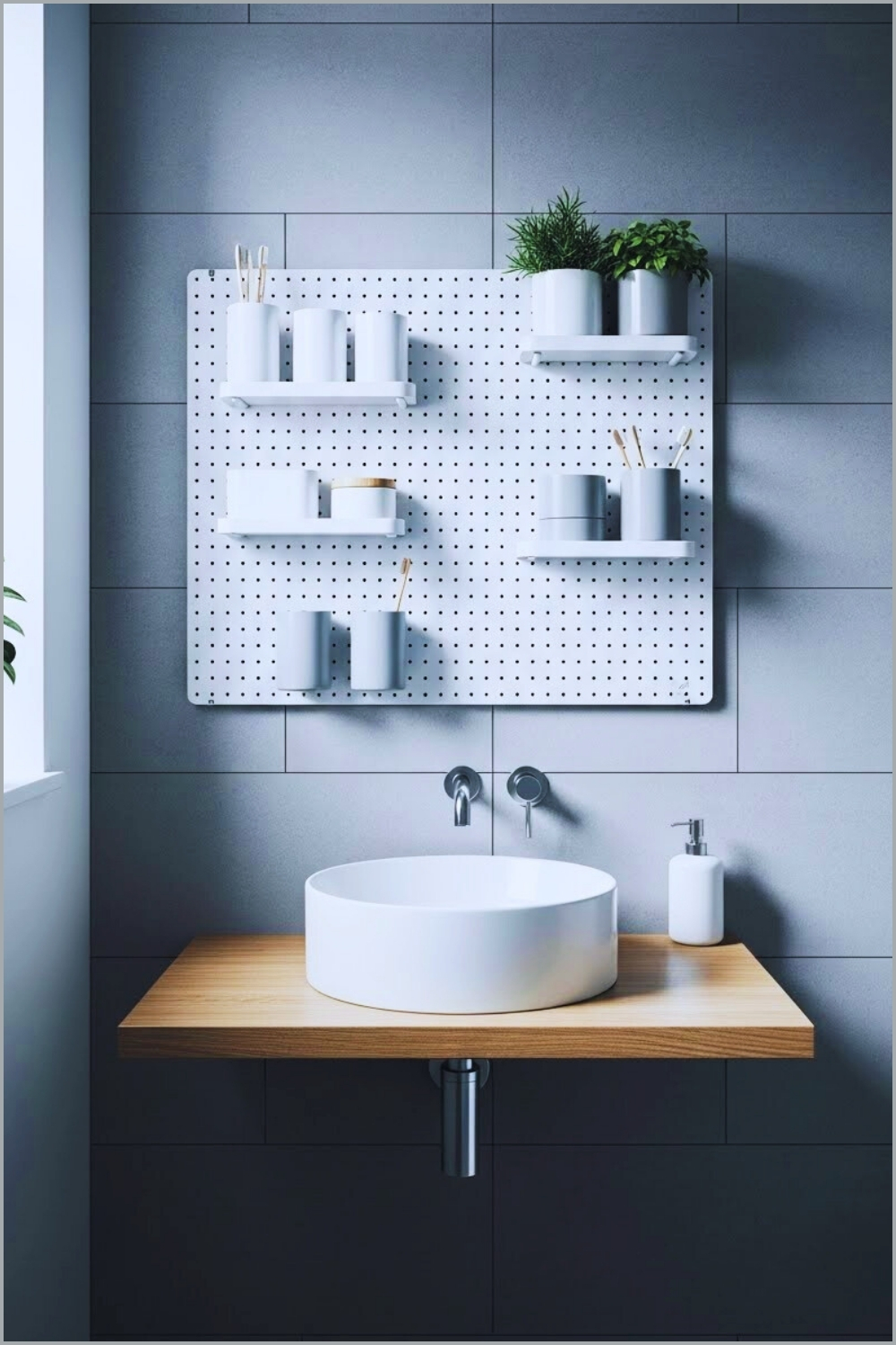 Small Modern Bathroom With White Pegboard Storage Over Sink