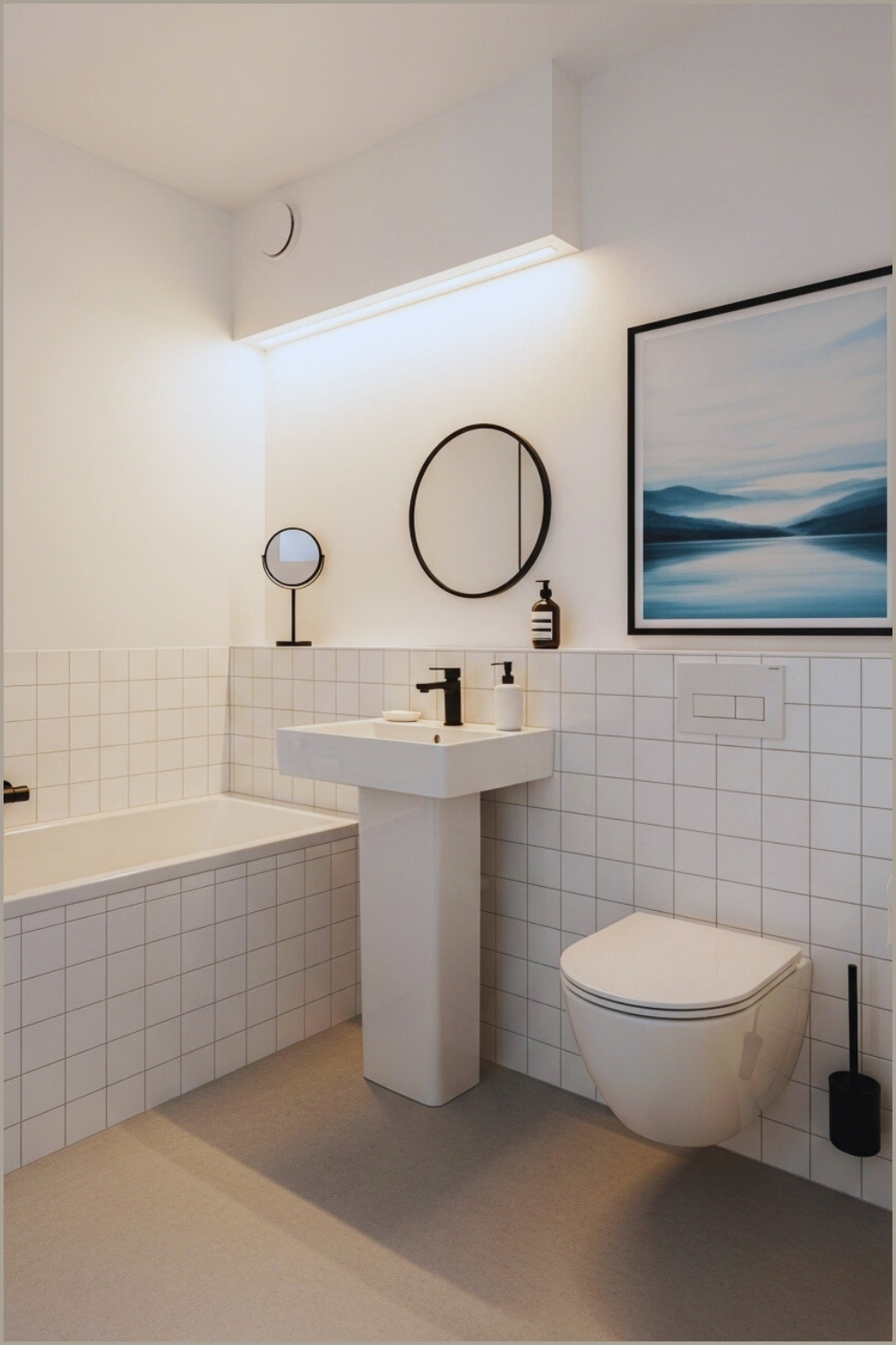 Small Modern Bathroom With White Walls And Square White Tile Half-wall