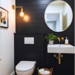 Small Modern Powder Room With Matte Black Shiplap Walls
