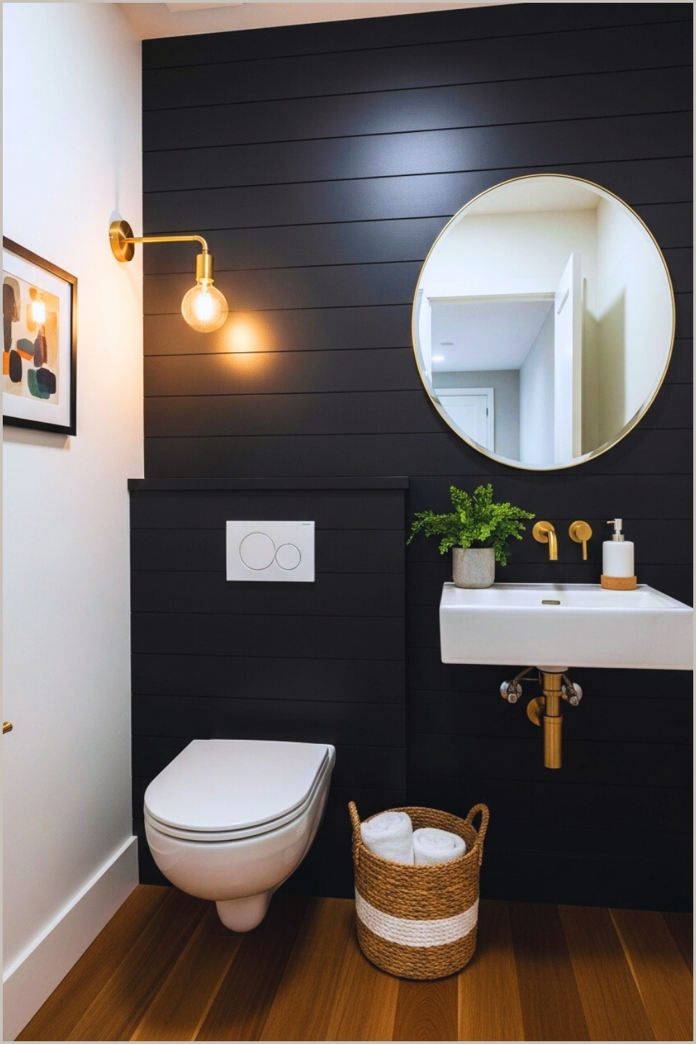 Small Modern Powder Room With Matte Black Shiplap Walls