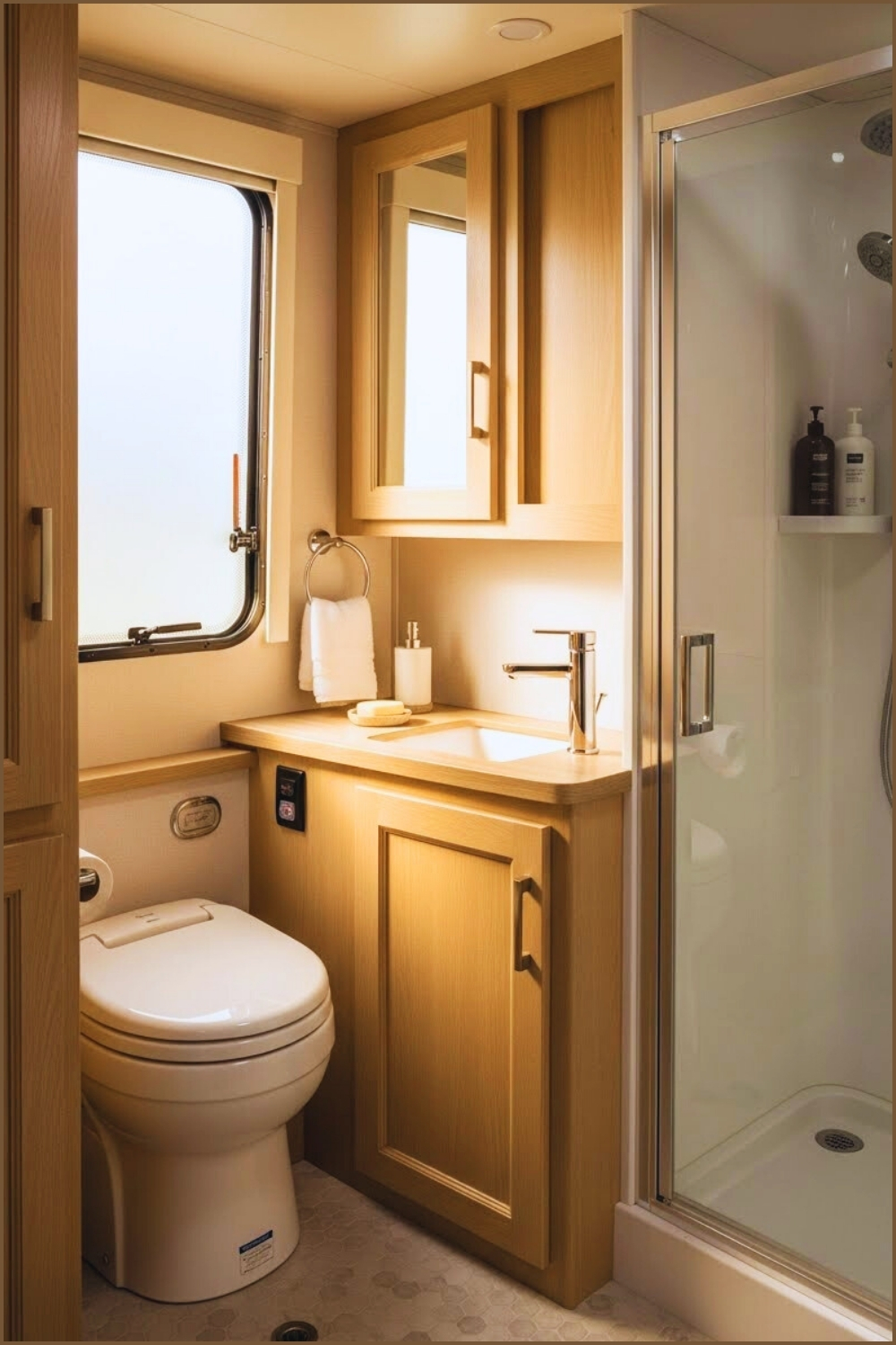 Small Modern Rv Bathroom With Light Beige Wood Cabinets