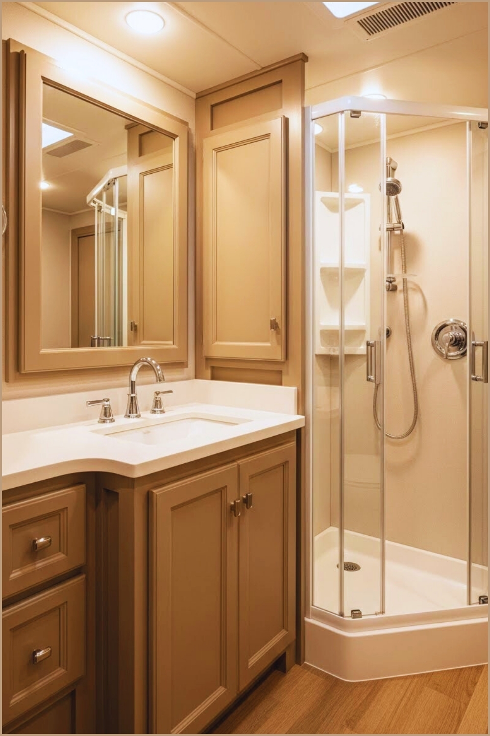 Small Rv Bathroom With Warm Beige Cabinetry