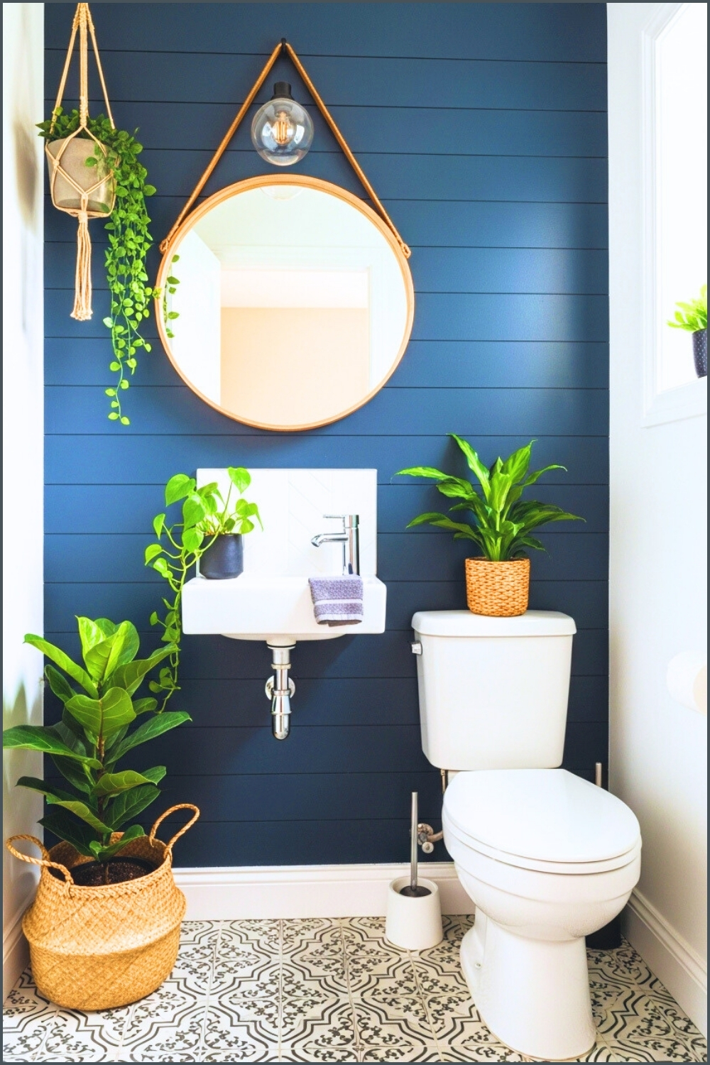 Small Stylish Bathroom With Dark Navy Shiplap Walls