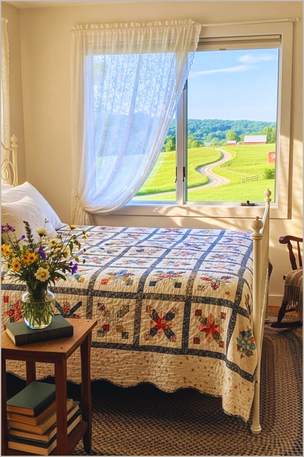 Soft Country Bedroom, Lace Curtains Filtering Sunlight