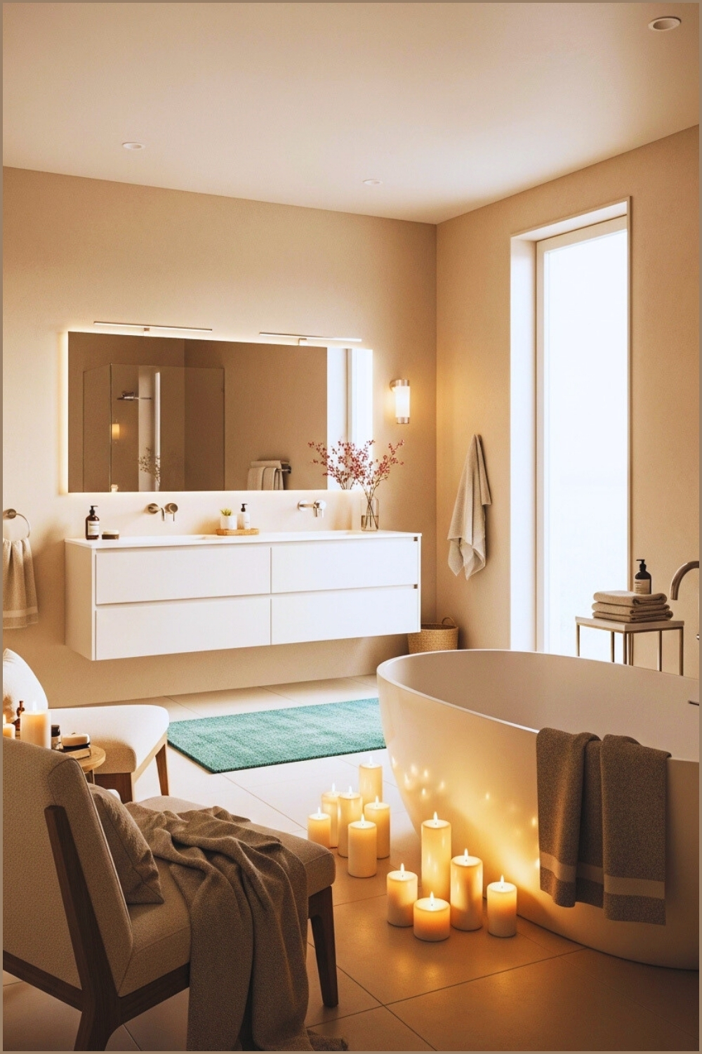 Soft Cozy Bathroom, Modern Freestanding Tub, Two Cream Lounge