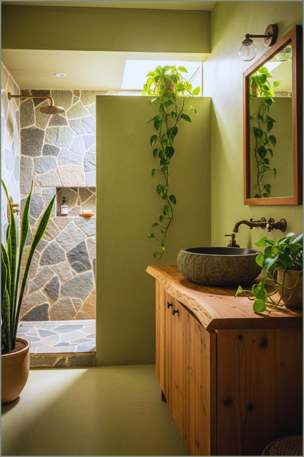 Soft Earthy Green Bathroom With Natural Textured Walls